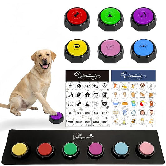 BOSKEY 6 Dog Buttons for Communication Pet Talking Buttons Starter Set Dog Speaking Buttons 50 Stickers Recordable Button One Waterproof mat