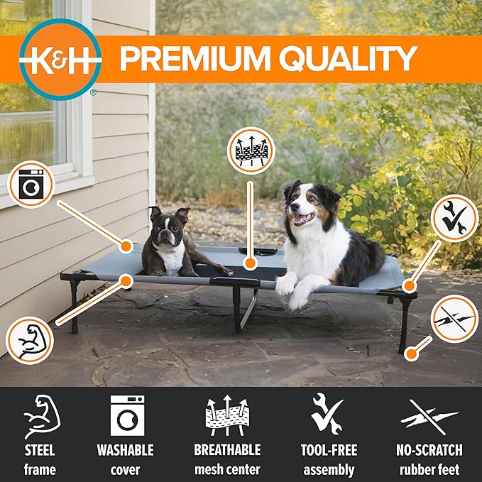 K&H Pet Products Outdoor Elevated Dog Cot, Breathable Cooling Elevated Cot Hammock Pet Bed for XL Dogs, Washable Mesh Cover, Raised Metal Frame, Collapsible, Portable - Extra-Large 50 X 32in Gray
