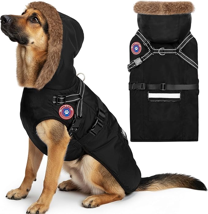 PAWNISAW Dog Winter Coat with Harness Built in, Warm Thick Plush Hooded Dog Snow Jacket for Cold Weather, Windproof Reflective Pet Clothes Outfit for Small, Medium, Large, XL & XXL Dogs Outdoor