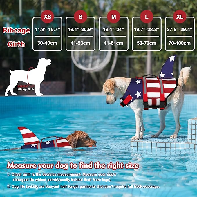 Dogcheer Dog Life Jacket Shark, American Flag Dog Life Vest with Reflective Stripes & Rescue Handle, Adjustable High Buoyancy Puppy Swim Float Vest for Small Medium Large Dogs - USA Flag, M