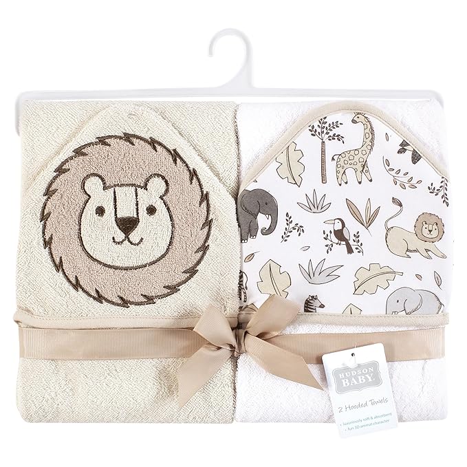 Hudson Baby Cotton Animal Face Hooded Towel, Neutral Safari, One Size