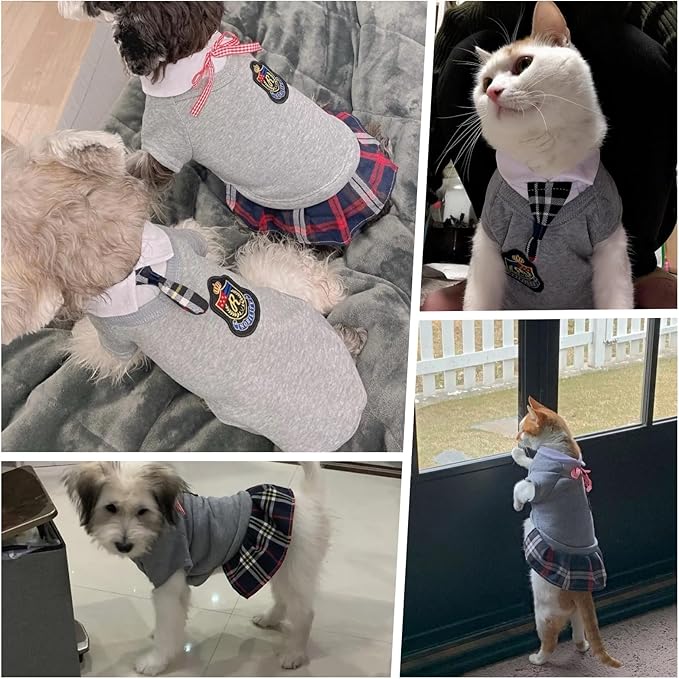 Selena Pet Uniform School Skirts Sailor Costume Dog Campus Clothes Teddy Cute Bowtie Adorable Puppy Apparel (Large,Gray Shirt)