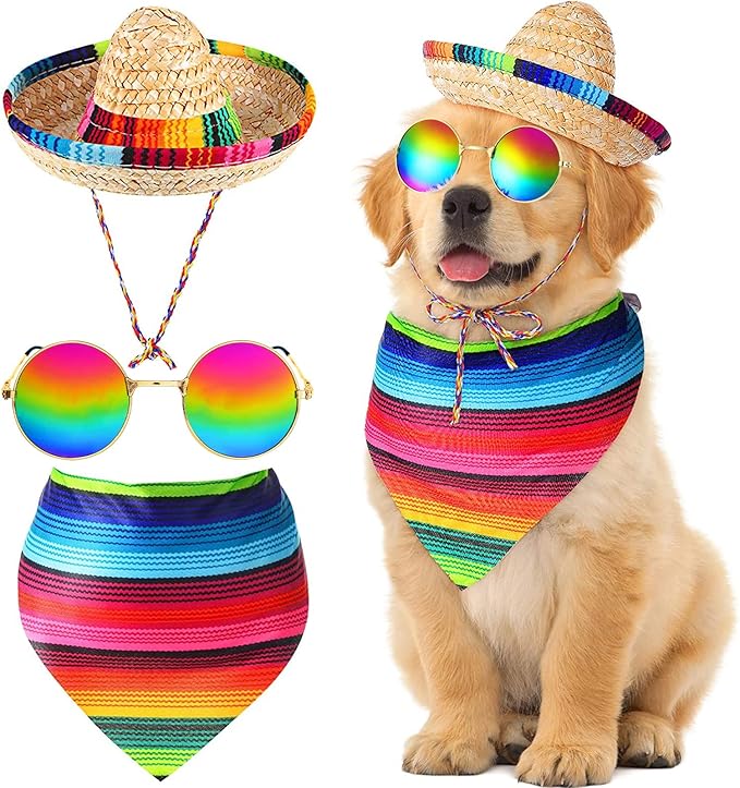 Ramede 3 Pcs Sombrero Hat Pet Mexican Serape Poncho Halloween Costume Include Cinco De Mayo Mexican Dog Bandana Fiesta Triangle Bib Round Sunglasses for Dog Birthday Gift Party Decor Small Puppy