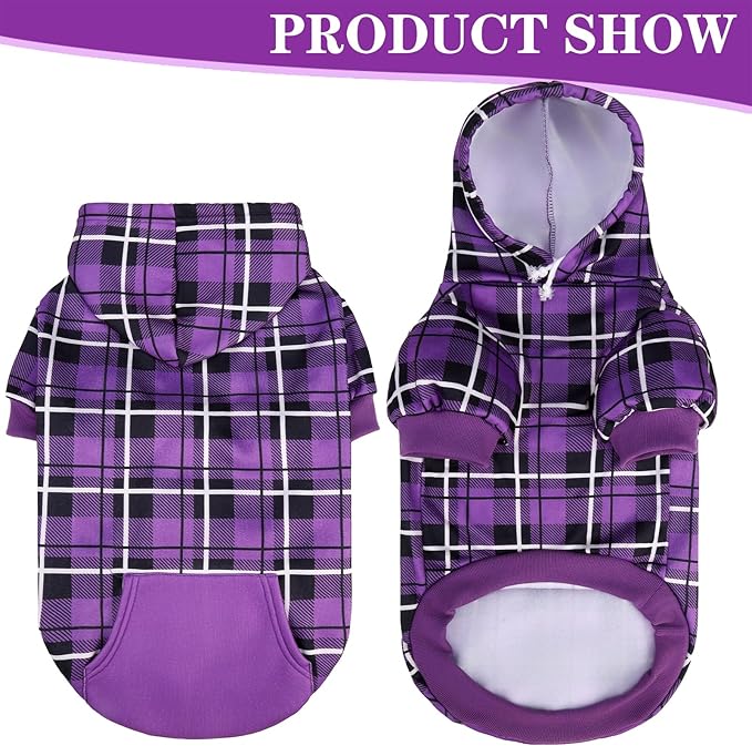 EXPAWLORER Plaid Dog Hoodie - British Style Warm Dog Sweater Shirt with Leash Hole,Pitbull Clothes Outfits,Winter Coat Apparel for All Breeds Puppy Girl Boy-Cat Apparel,Purple S-Medium