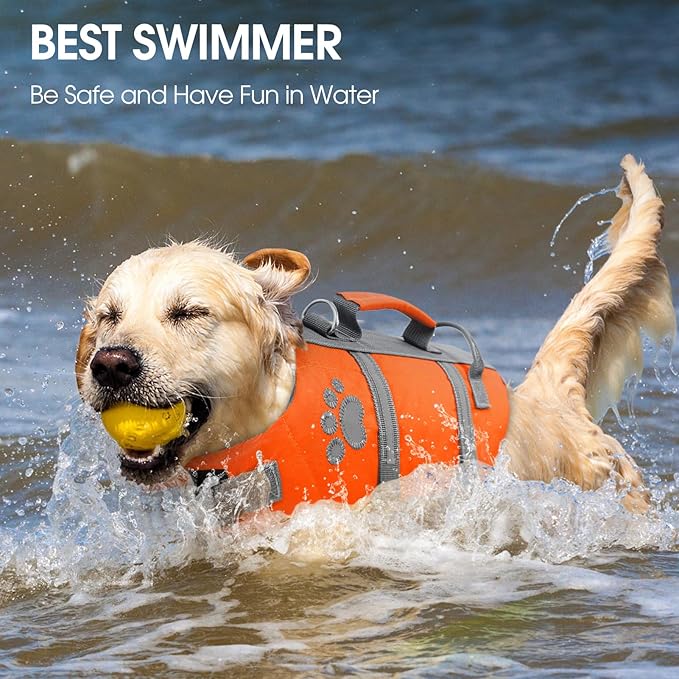 Queenmore Large Dog Life Jacket, Dog Life Vest for Swimming, Floating Life Vest for Dogs Large Breed with Handle, Vibrant Doggie Life Jacket for Boating with Hook, Pet Water Preserver for Big Dogs