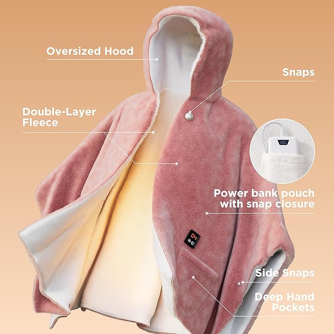 Bedsure Cordless Wearable Heated Blanket - Fluffy Electric Blanket Hoodie with 20000mAh Battery Pack, Portable USB Heated Shawl as Winter Gifts for Women Mom, 4 Heat Levels & 4 Timers, 55"x69", Pink