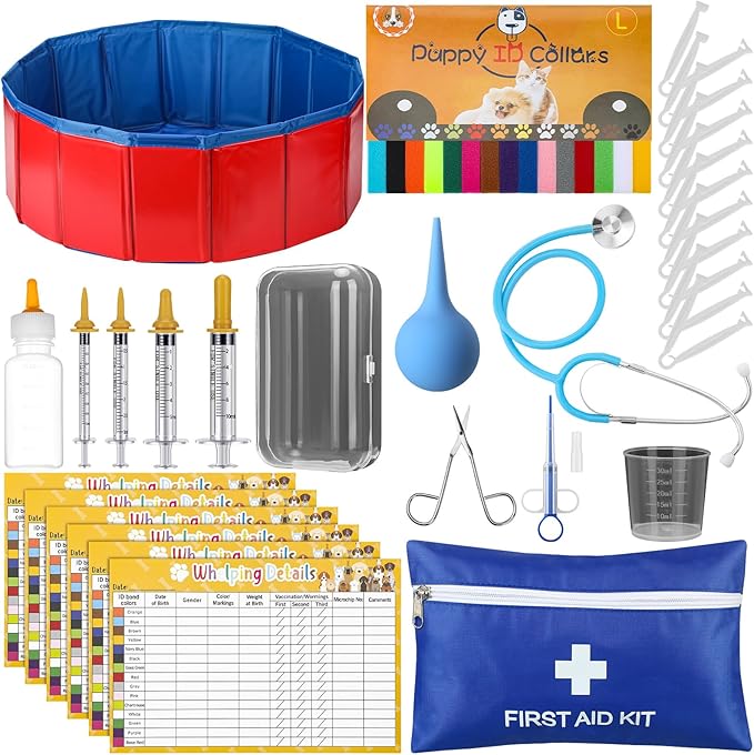 57 Pcs Puppy Kitten Whelping Supplies Whelping Kit for Puppies Birth Dog Kitten Bottle Feeding Kit for New Born Puppy Supplies Include Feeding Tube Etc(24" in Diameter)