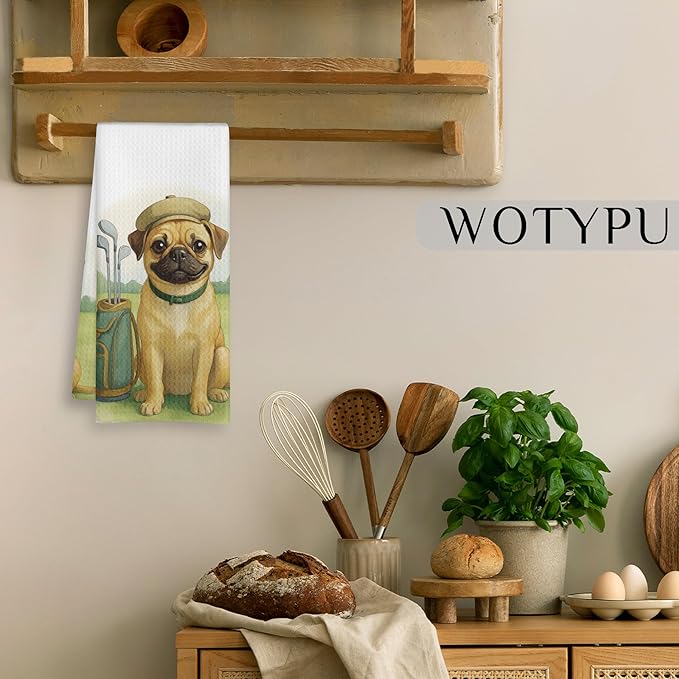 Funny Golf Pug Gifts Kitchen Towels, Dog Gifts for Women Men, Gifts for Pug Lovers Dish Tea Towels, Golf Lovers Gift Decorative Hand Towel for Bathroom, 16x24 Inch