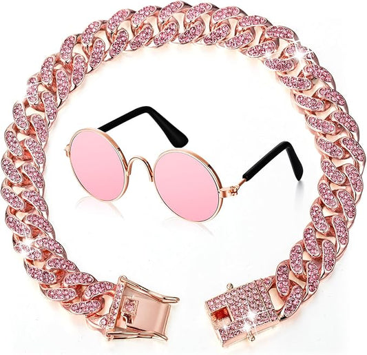 Xuniea 2 Pieces Cat Dog Chain Collar and Sunglasses Set Rhinestone Necklace with Secure Buckle Round Glasses for Doll Cat Dog Pet Accessories(12 Inch,Rose Gold, Pink)