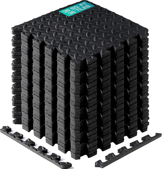 Yes4All Interlocking Exercise Foam Mats with Border – Interlocking Floor Mats for Gym Equipment – Eva Interlocking Floor Tiles - 36 Square Feet (36 Tiles) - Black
