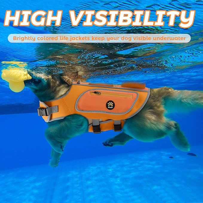 Dog Life Jacket, Cute Shark Dog Life Vest for Swimming Boating with Superior Buoyancy and Rescue Handle, Adjustable Puppy Swim Floating Vest for Small Medium Large Dogs (Orange, Large)