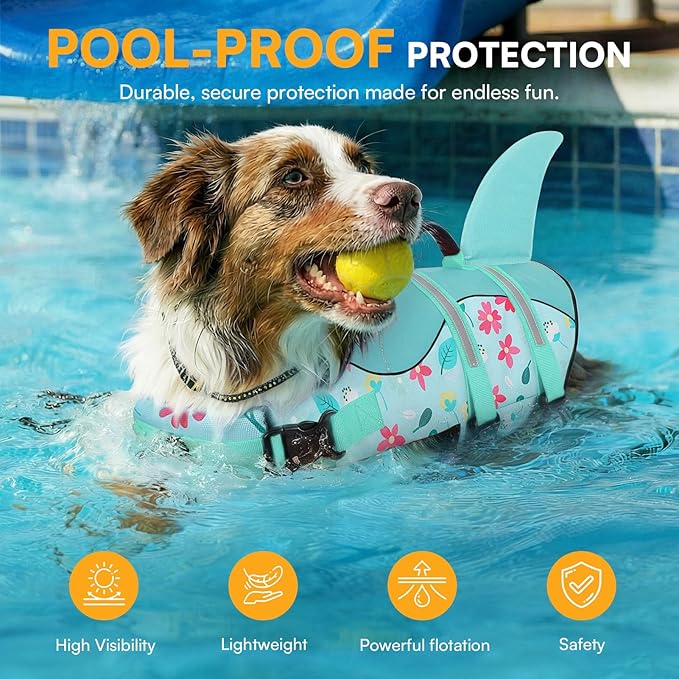 Queenmore Dog Life Jacket, Dog Life Vest for Swimming, Doggie Shark Swimming Vest with Rescue Handle, Adjustable Reflective Pet Lifesaver Preserver for Small Dogs, Blue Flower S