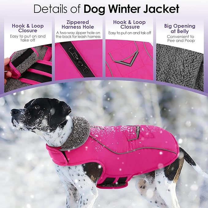 SUNFURA Dog Coat, Warm Dog Coat XXL Puffer Jacket with Harness Hole, Reflective Pet Snow Jacket Turtleneck Fleece Vest for Weimaraner, Labrador, Golden Retriever, Hot Pink 2XL