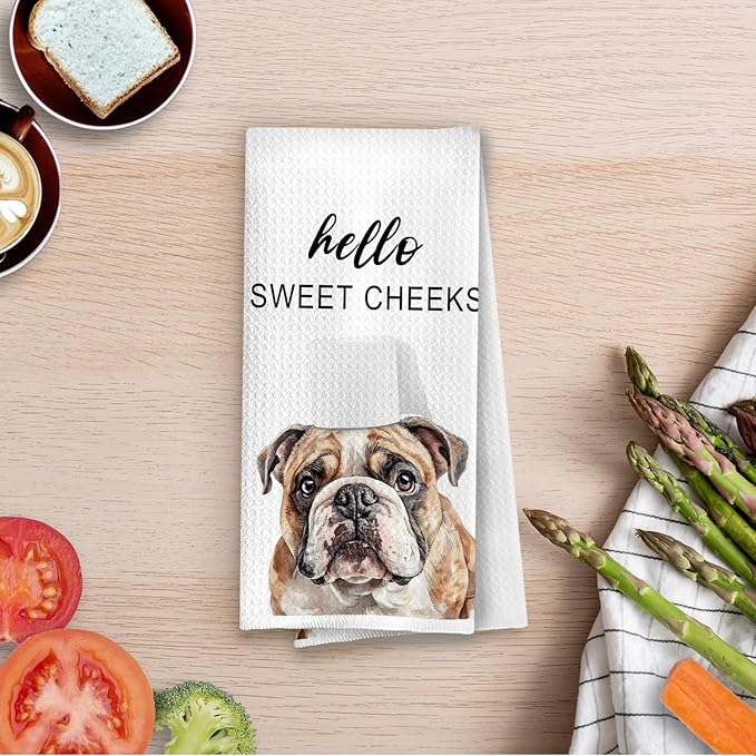 English Bulldog Bathroom Decor - Funny English Bulldog Gifts Waffle Decorative Hand Towels, Hello Sweet Cheeks Bathroom Decor, 16x24 Inches