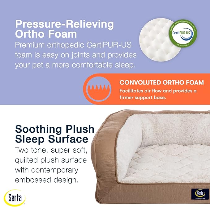 Serta Orthopedic Quilted Couch Dog Bed for Pets – Desert Sand (Large)