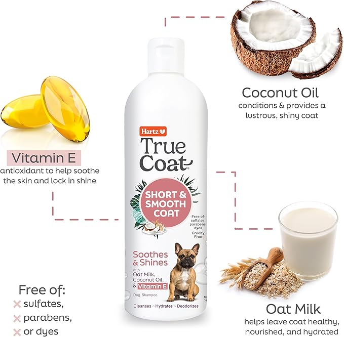 Hartz True Coat Short & Smooth Coat Specific Dog Shampoo, Soothes & Shines with Oat Milk, Coconut Oil & Vitamin E