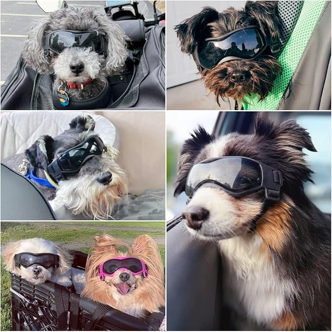 Enjoying Dog Sunglasses Small Breed, Dog Goggles UV Protection, Cycling Eye Protection for Small Dogs, Outdoors Breathable Windproof Dustproof Anti-Fog, Adjustable Straps, Cool Black