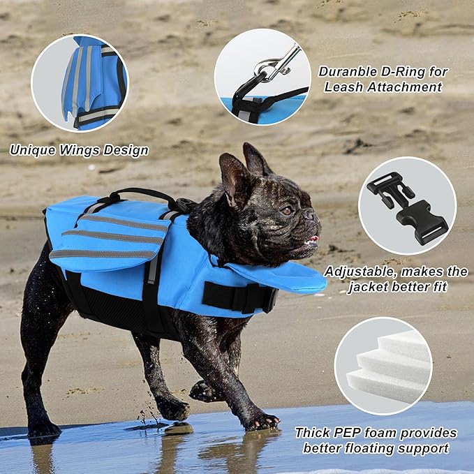 Dog Life Jacket, Cute Wings Adjustable Dog Life Vest with Chin Float and Handle for Swimming Boating Reflective High Buoyancy Swim Float Vest for Small Medium Large Dogs (Blue, S)