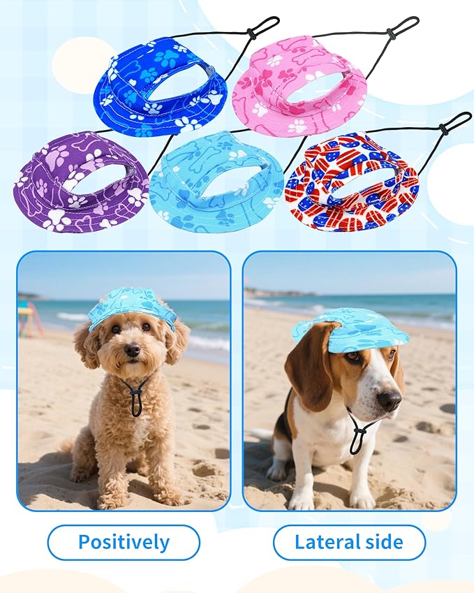PET SHOW Dog Bucket Hat Paw Print Dog Visors for Small Doggy Cats Waterproof Outdoor Pet Sun Hats with Ear Holes Round Brim Adjustable Drawstring Boy Puppy Cap-Blue/XS