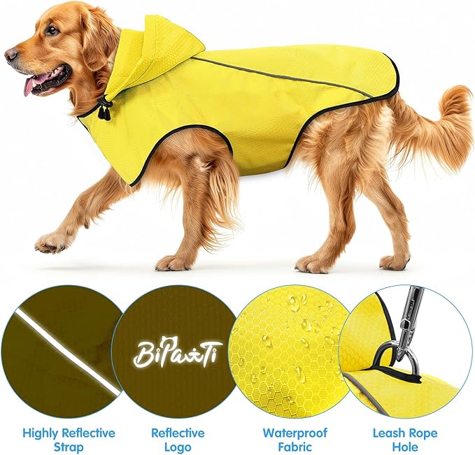 BiPawTi Dog Rain Jackets for Large Dogs, Waterproof Raincoat for Dog, Lightweight Reflective Safety Pet Rain Coats with Hood/Leash Hole/Reflective Strip - Yellow, L