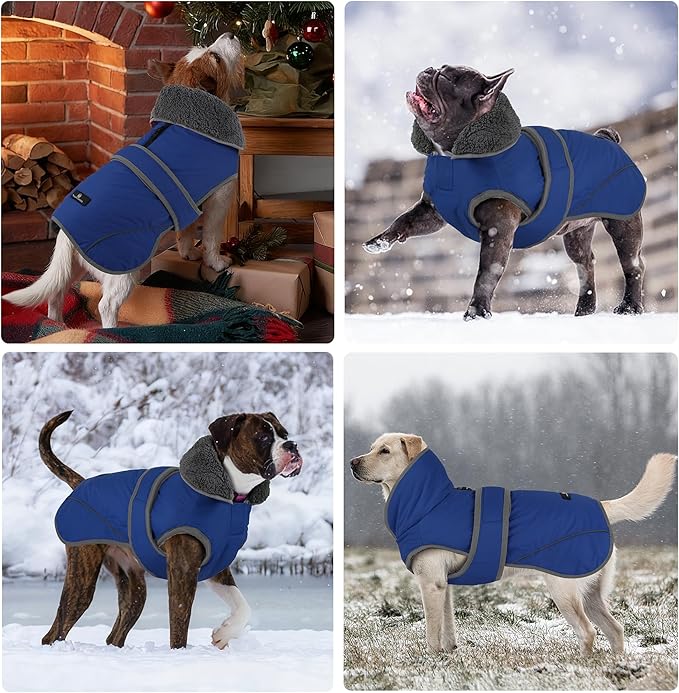 Dogcheer Dog Coat, Waterproof Dog Jacket Reflective Pet Winter Coat with Adjustable Hook & Loop, Christmas Puppy Fleece Jacket Warm Turtleneck Snowsuit for Small Medium Large Dogs - Blue, L