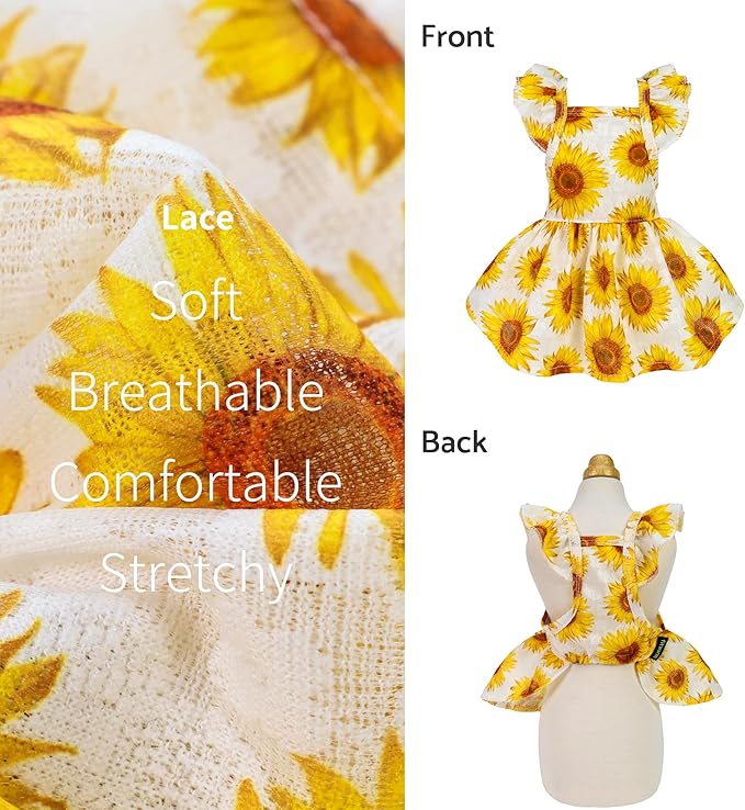 Fitwarm Dog Sunflower Dress, Dog Clothes for Small Dogs Girl, Pet Cat Apparel, White, Yellow, Red, Small