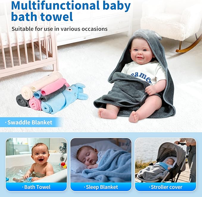 HBHLFZ 4-Pack Baby Bath Towels,Set of 2 Hooded Baby Bath Towels and 2 Baby Face Towels, Super Soft,Highly Absorbent,31.5x31.5inch,Suitable for Newborns,Toddlers and Children,Unisex（Elephant, Dog）