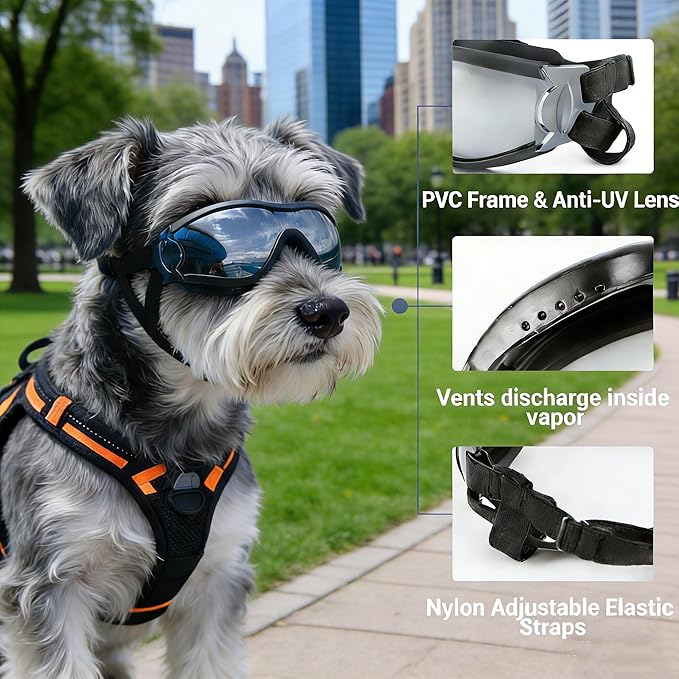 Enjoying Dog Sunglasses Small Breed, Dog Goggles UV Protection, Cycling Eye Protection for Small Dogs, Outdoors Breathable Windproof Dustproof Anti-Fog, Adjustable Straps, Black