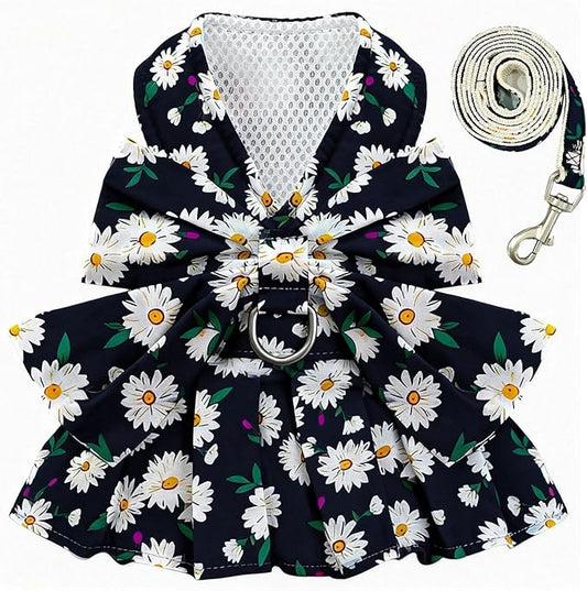 BAEJMJK Dog Dress Bowknot Harness Leash Set for Small Dogs Cats Daisy Floral Girl Dog Dresses Cute Puppy Princess Clothes Pet Doggy Outfits Spring Summer Breathable Dresses (Large, Navy Blue)