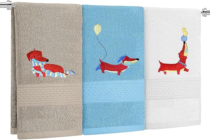 3 Pcs Embroidered Dachshund Hand Towels for Bathroom Kitchen, Cute Sausage Dog Decorative Towels, 14x29 inches 100% Cotton Bath Towels, Dog Lover Gift