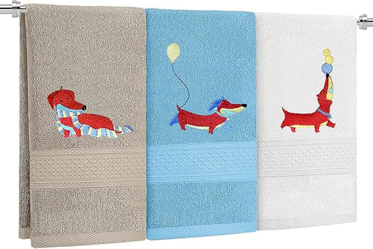 3 Pcs Embroidered Dachshund Hand Towels for Bathroom Kitchen, Cute Sausage Dog Decorative Towels, 14x29 inches 100% Cotton Bath Towels, Dog Lover Gift