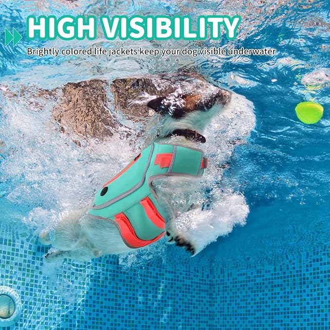 Dog Life Jacket for Small Dogs with High Buoyancy, Lightweight Dog LifeVest for Swimming Adjustable Reflective Dogs Floating Vest, Neoprene Rescue Handle Pet Life Preserver, Turquoise, XS
