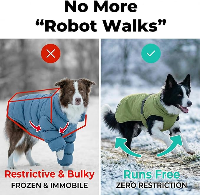 Dog Winter Coat, Warm Puffer Jacket with Fur-Safe Buckle & Leash Hole for Cold Weather, Water-Repellent Snow Vest, Breathable Thermal Apparel for Hiking & Active Dogs (Green, Medium)