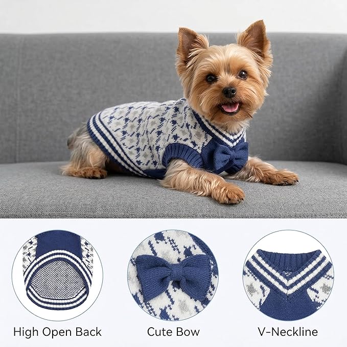 Small Dog Sweaters, Pet V-Neck Doggy Clothes, Knit Sweater for Pomeranian, Bichon, Frise, Pug, Yorkie, Cat Cold Weather Outfit (Blue, L)