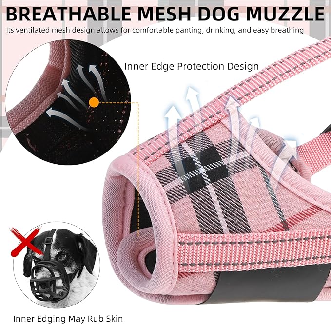 PUPTECK Dog Muzzle, Soft Adjustable Loop Reflective Pets Muzzle Prevent Biting Barking Chewing, Breathable Muzzle with Air Mesh Dog Mouth Guard Drinkable for Large Medium Small Sized, Pink Plaid M