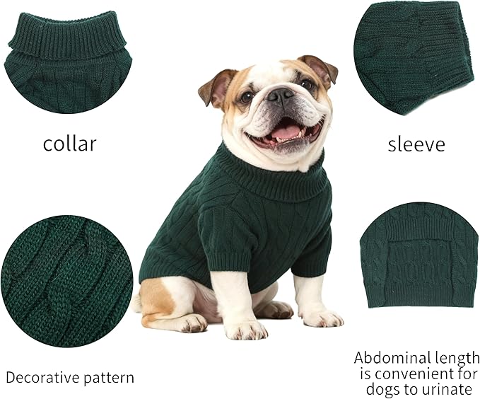 Small/Medium Dog Sweater, Warm Dog Winter Coat w/Sleeves, Comfortable High Neck Premium Dog Clothes for Bulldog-Best for Holidays, Daily Walks L Green