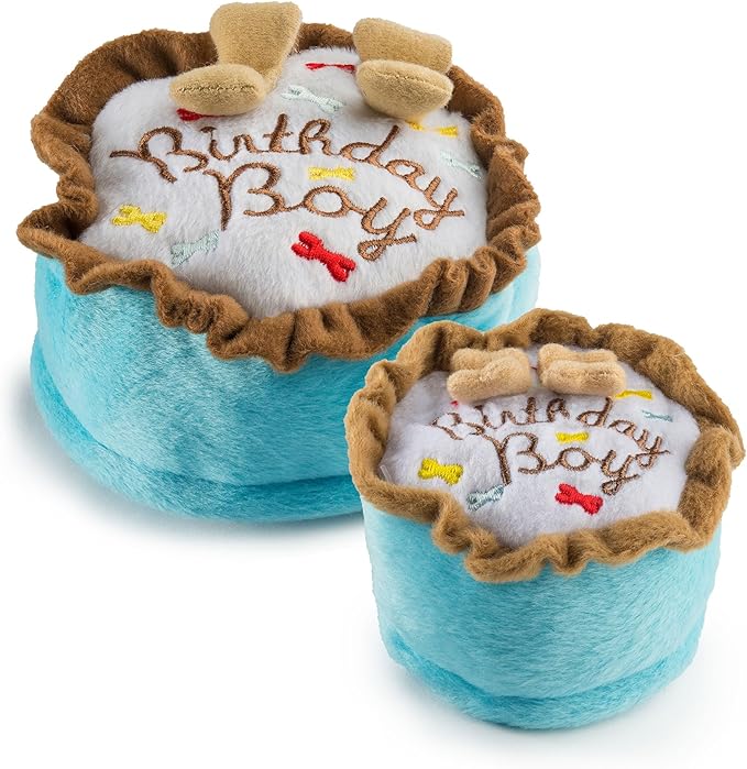 Haute Diggity Dog Birthday Boy Cake, Plush Designer Dog Toys with Interactive Squeaker, Stimulating Pet Enrichment, Machine-Washable & Safe Materials for All Breeds, Size Small