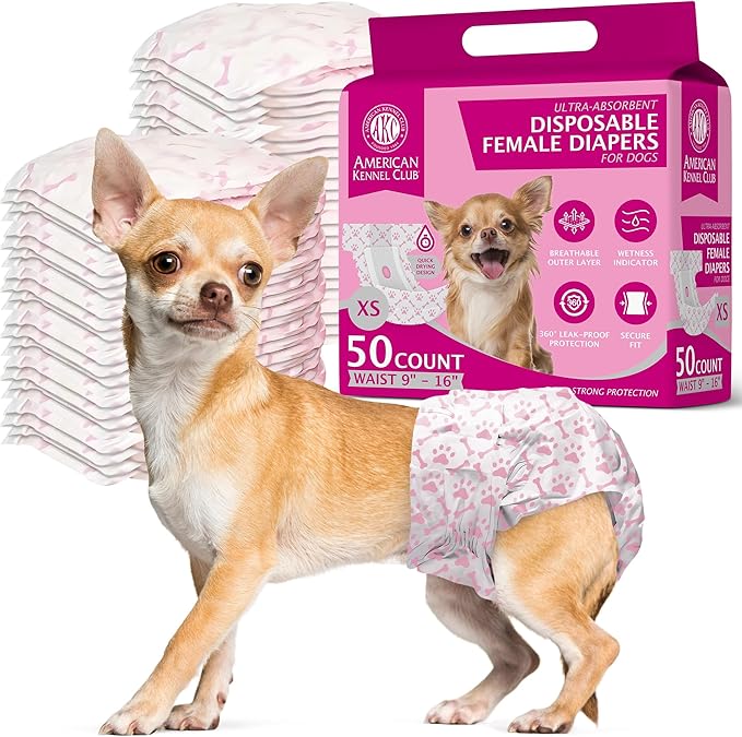 American Kennel Club Female Dog Wrap, Disposable Diapers with Wetness Indicator, X-Small, 50 Count (Pack of 6)