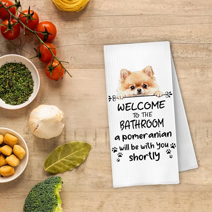 Funny Pomeranian Dog Bathroom Hand Towels, Pomeranian Gifts for Women, Welcome to The Bathroom Decorative Hand Towels for Bath Room Toilet Washroom Restroom, 16x24 Inch