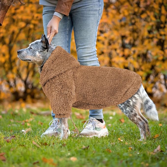 Fuzzy Dog Hoodie Dog Sweaters for Large Dogs Soft Double-Sided Plush Fleece Pet Sweater Pet Clothes Coats Hoodie Sherpa Hooded Sweatshirt(Coffee-XXL)