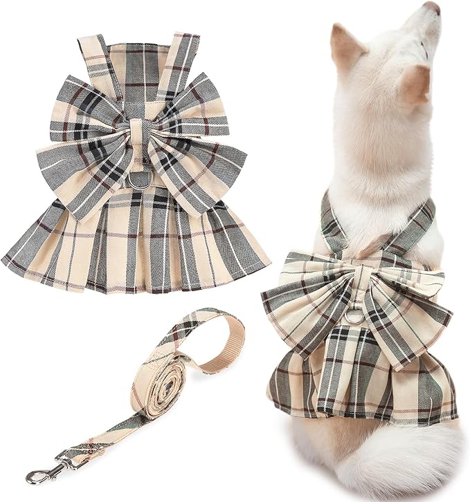 PUPTECK Plaid Dog Dress with Leash - Cute Puppy Harness Clothes for Small Medium Sized Dogs, Outfits for Girl Puppy Wedding Birthday Costume