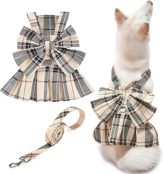 PUPTECK Plaid Dog Dress with Leash - Cute Puppy Harness Clothes for Small Medium Sized Dogs, Outfits for Girl Puppy Wedding Birthday Costume