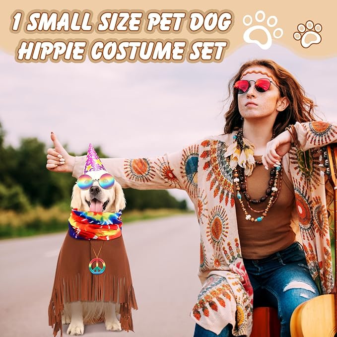 4 Pcs Hippie Dog Costume Pet Dog Hippie Costume Set Includes Sunglasses Scarf Cloak Necklace(Tie Dye,Large)