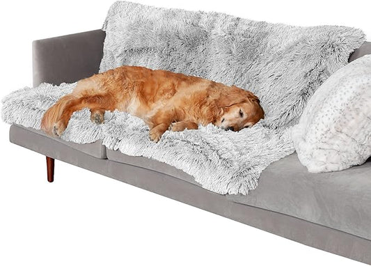 FurHaven Waterproof Throw Blanket For Dogs & Indoor Cats, Reversible Protective Pet Blanket, Extra Large, Long Faux Fur & Velvet, Mist Gray