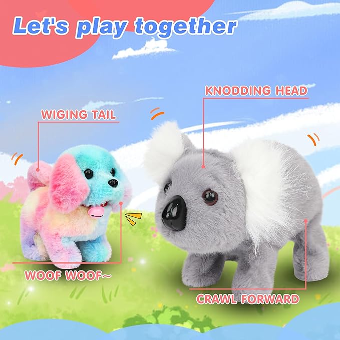 Hopearl Walking Dog with Bell Interactive Electronic Pet Plush Toy Puppy Woof and Moving Animated Nodding Head Gifts for Toddlers Birthday, Rainbow, 7''