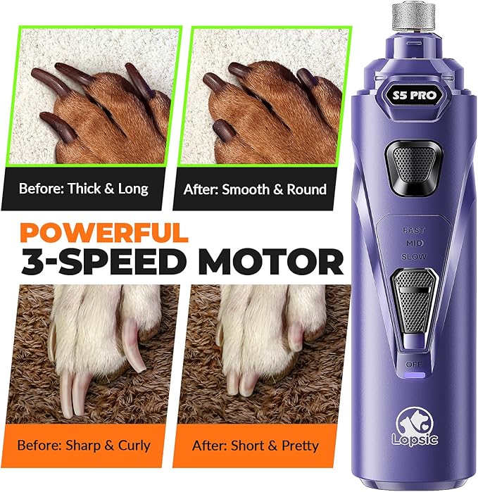 Whisper Quiet Dog Nail Grinder with LED Light, Safe & Stress-Free for Sensitive Dogs of All Breeds & Sizes, 3 Grinding Bits, 3-Speed, Pet Nail Trimmers, Rechargeable Painless Grooming Kit Blue
