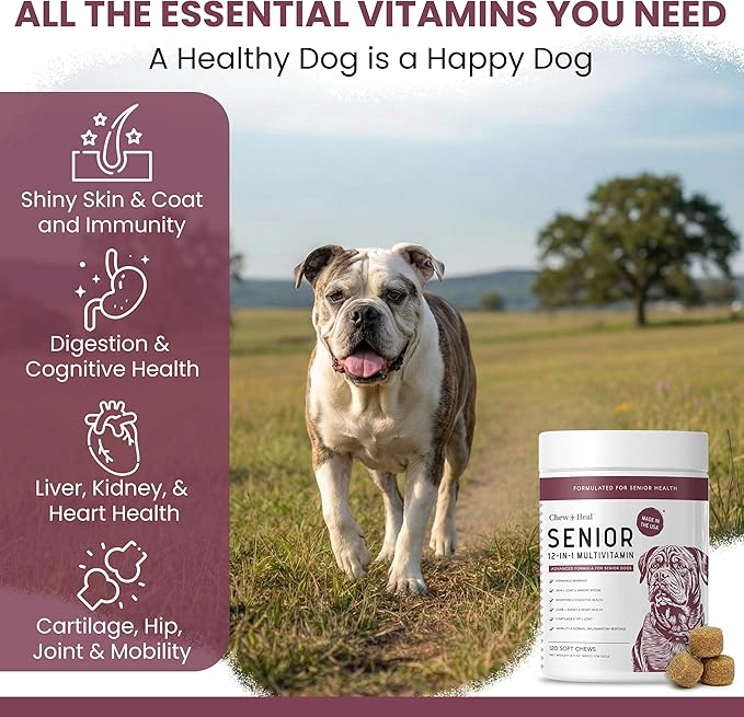 12-in-1 Multivitamin for Senior Dogs - 120 Senior Dog Vitamin and Supplement Soft Chews for Hip and Joint - Advanced Formula with Glucosamine, Omega 3,6,9, Vitamins, Probiotics - Made in the USA