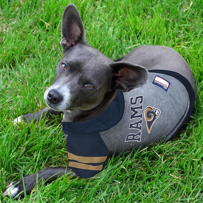NFL Los Angeles RAMS Hoodie for Dogs & Cats. | NFL Football Licensed Dog Hoody Tee Shirt, Large| Sports Hoody T-Shirt for Pets | Licensed Sporty Dog Shirt.