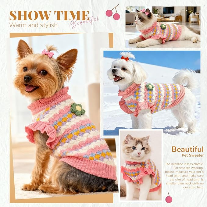 BAEJMJK Cute Flower Small Dog Sweater Soft Girl Dog Clothes Turtleneck Warm Pet Puppy Knitted Pullover Princess Dogs Cats Outfits(Pink,X-Large)