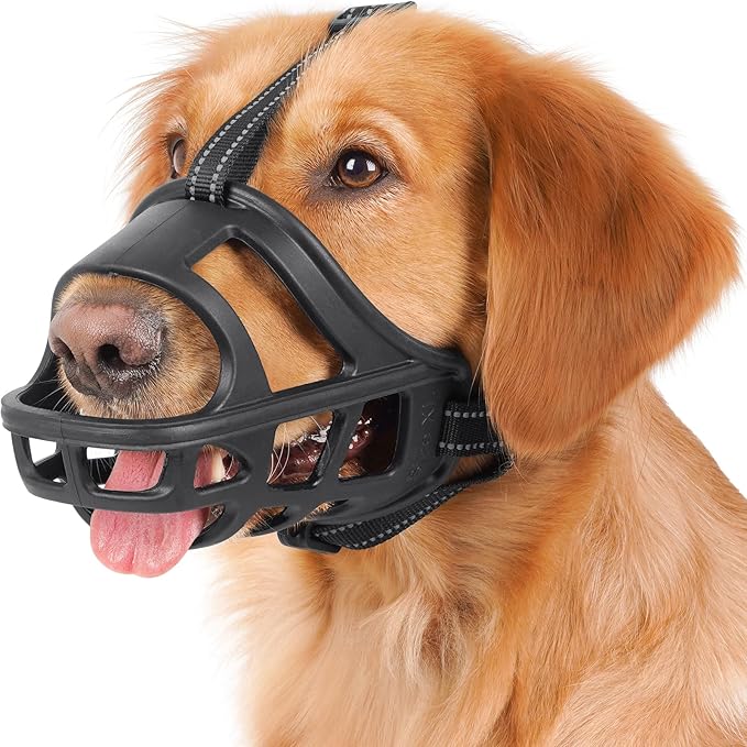 BARKLESS Dog Basket Muzzle for Medium & Large Dogs, Humane Cage Muzzle Prevent Biting Scavenging, Breathable Open Front Mouth Cover with Reflective Strap for Training, Walking Vet Visits (Black, S)